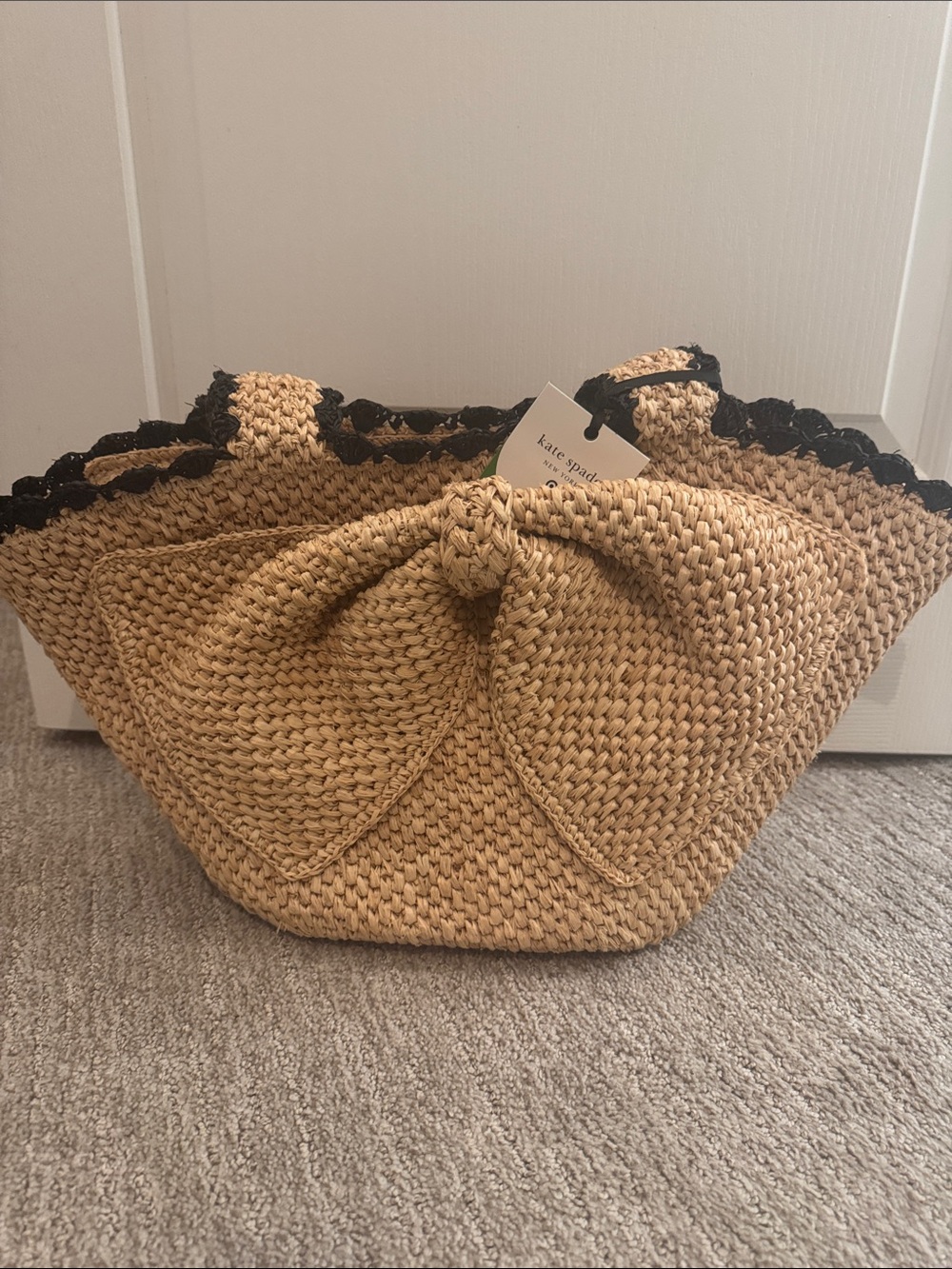 Kate Spade Natural Straw Tote with Black Trim and Front Bow